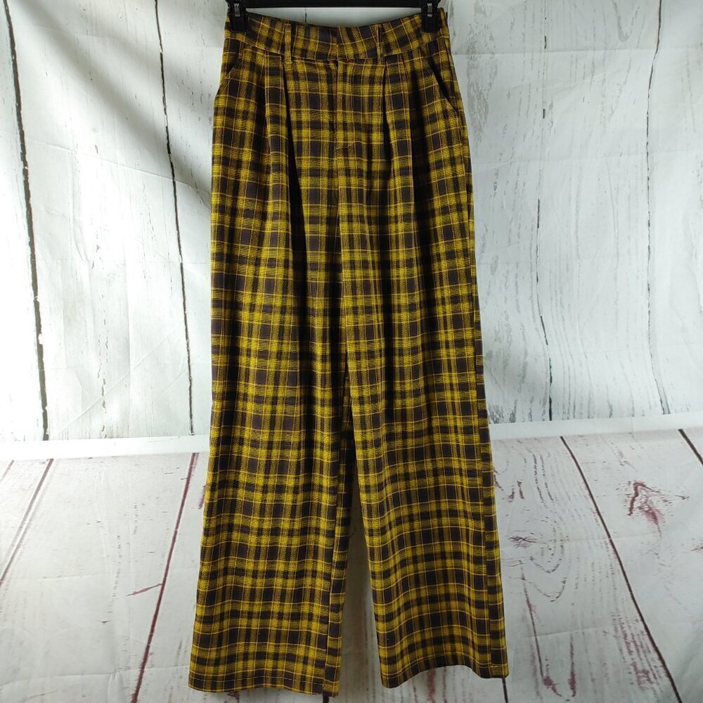 Nasty Gal Plaid Black & Yellow Plaid Wide Leg Pants Size 6, 28x32 Pleated
